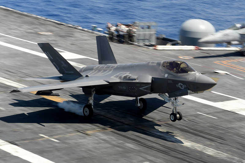 A F-35C landing on the aircraft carrier USS Abraham Lincoln, August 2018.